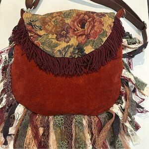 Fringe Floral Lace Suede Rose Tapestry Adjustable Shoulder Bag Red Brown Green